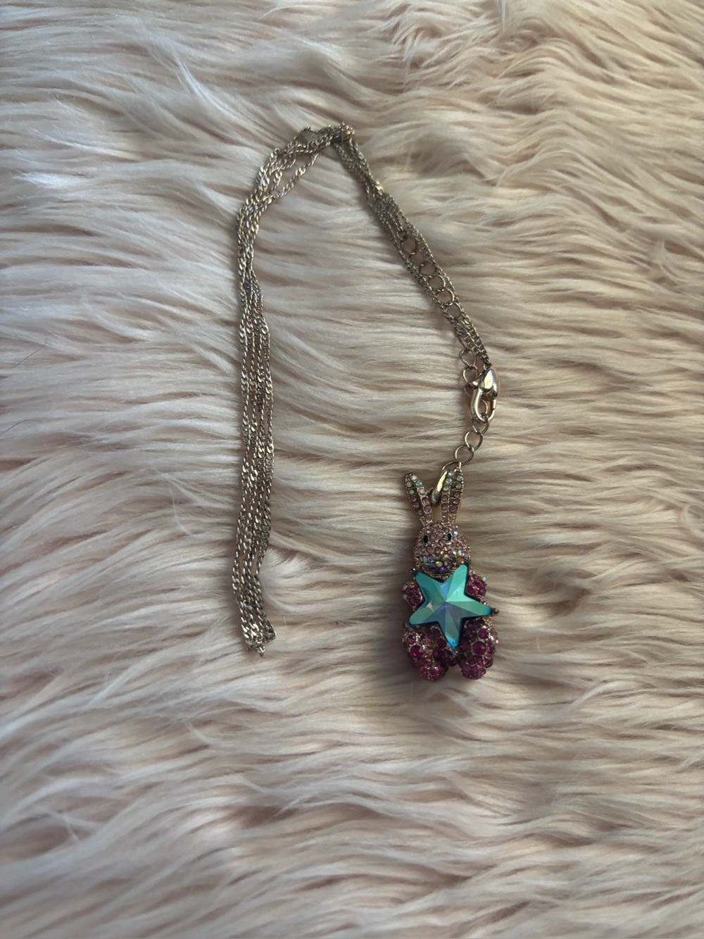Betsey Johnson Silver Bunny Necklace with Pink Crystals and Blue Star